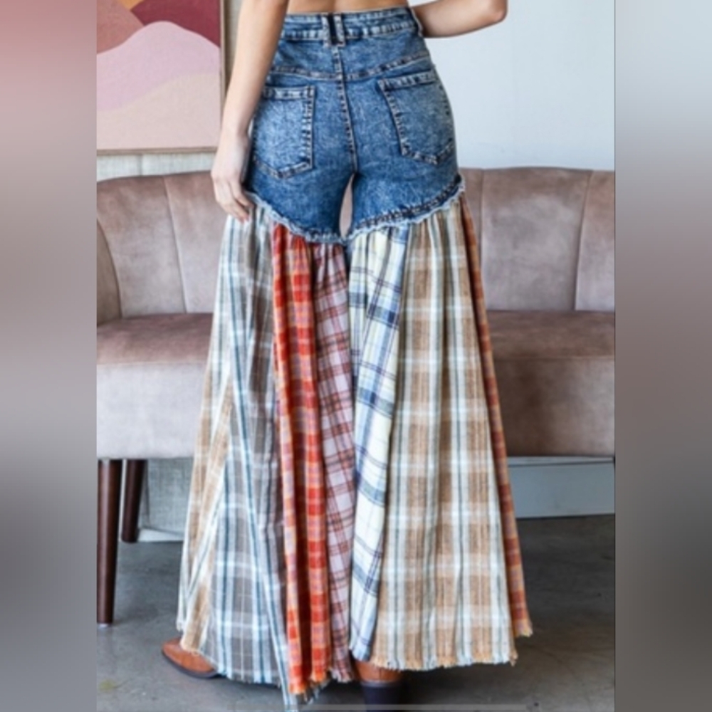 Oli and Hali 🩵 90 OLI AND HALI PATCHWORK FABRIC FLARE WIDE LEG JEANS PANTS SR1